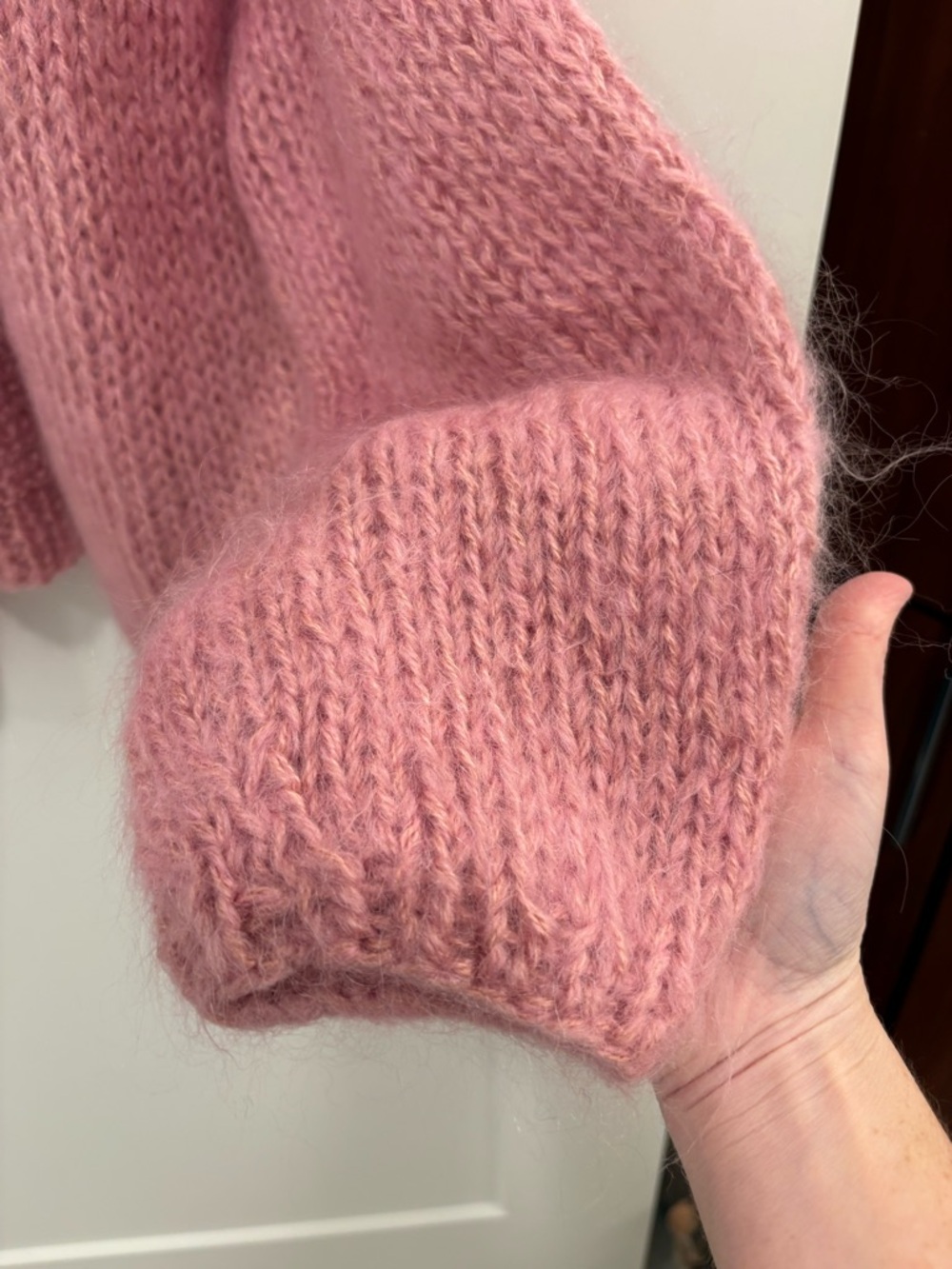 Pink Wool Hand Knit Oversized Balloon Sleeve Cardigan Sweater - Picture 5 of 12